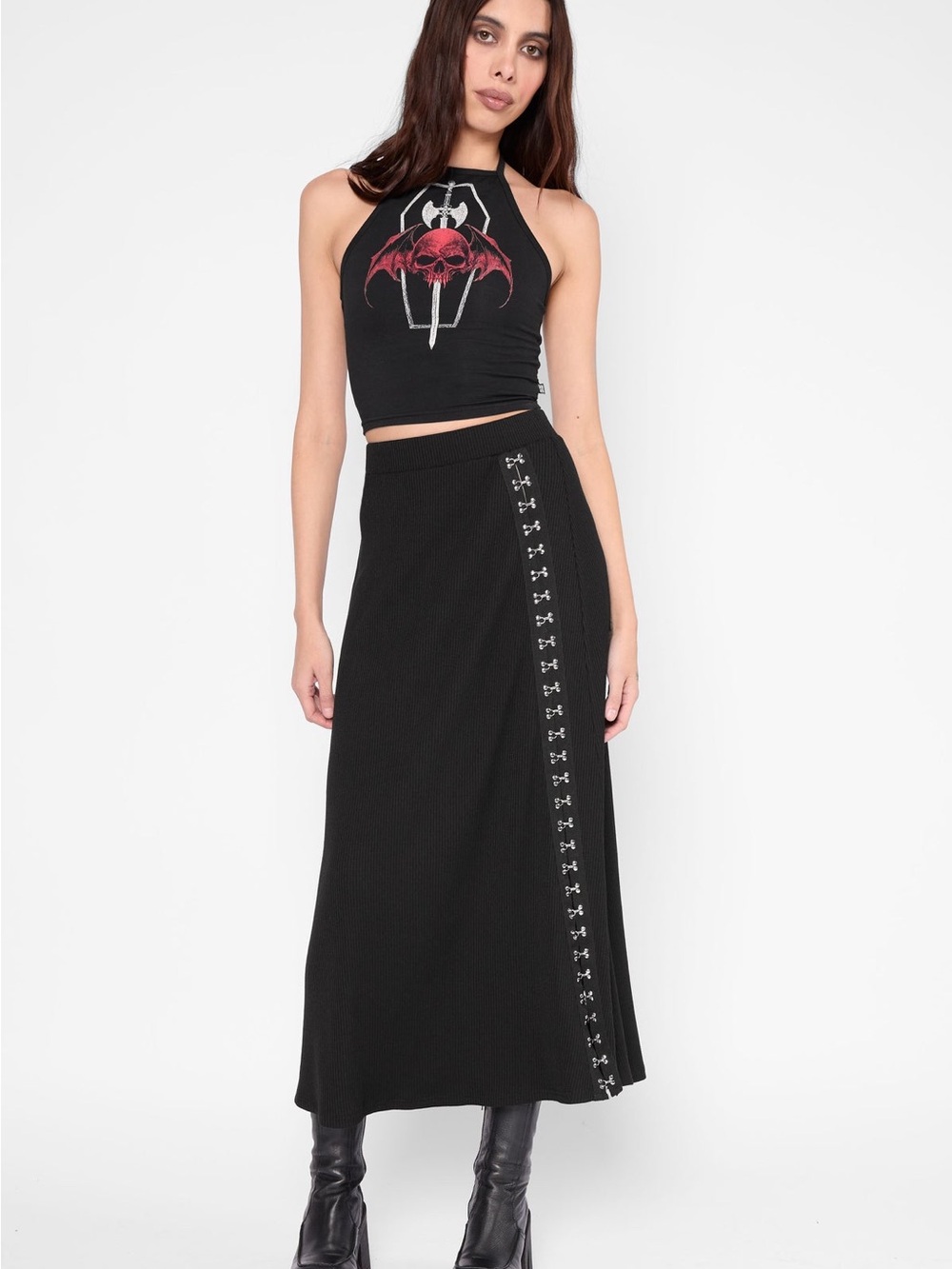 Mary Wyatt Beatriz Black Maxi Skirt with High Side Slit with Fasteners - Picture 2 of 6